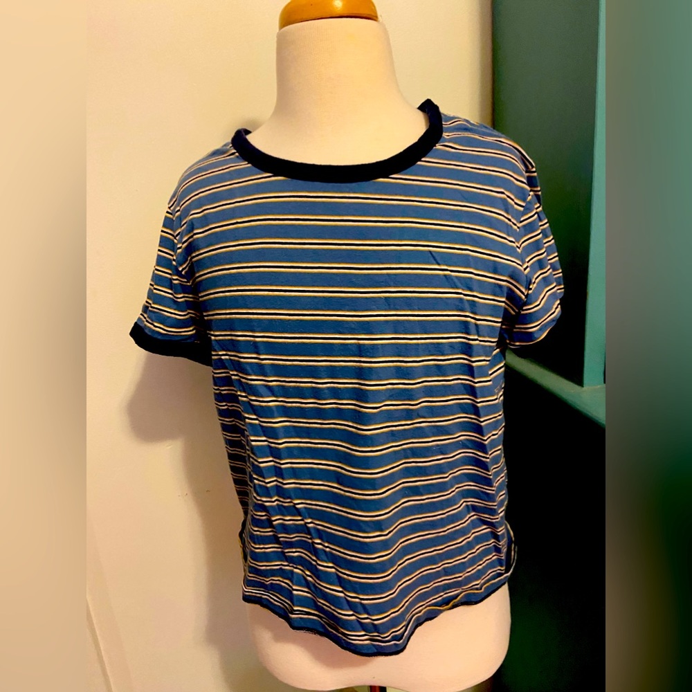 Short sleeve slightly cropped blue striped shirt